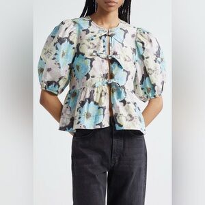 Ganni Print Puff Sleeve peplum organic floral Top xs